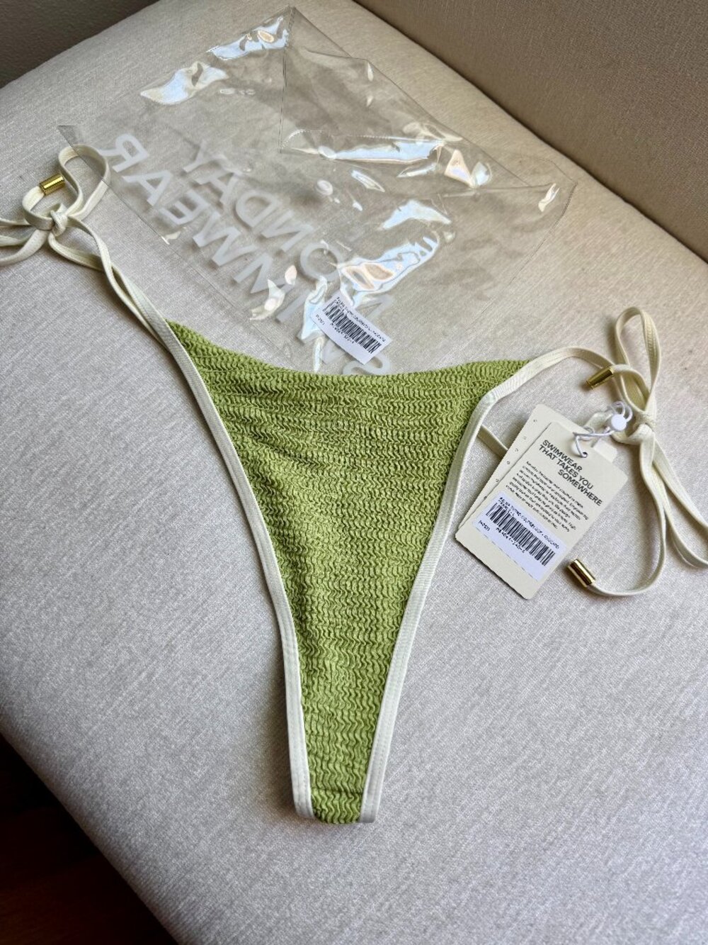 Monday Swimwear Palma Thong - Avocado/Ivory Crinkle L